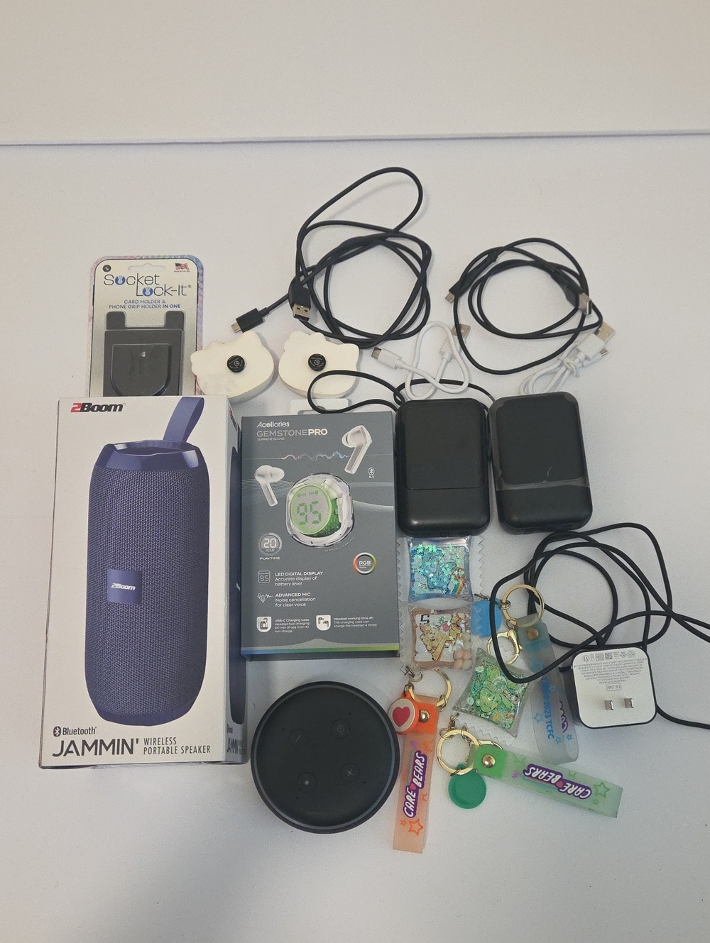 Electronics & Accessories Mixed Lot – Speaker, Earbuds, Echo, Chargers & Keychai